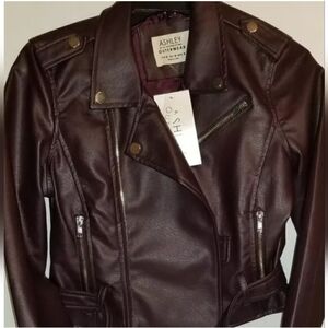 Faux Leather Belted Moto Jacket Eggplant Ashley By 26International WomenSz M NWT